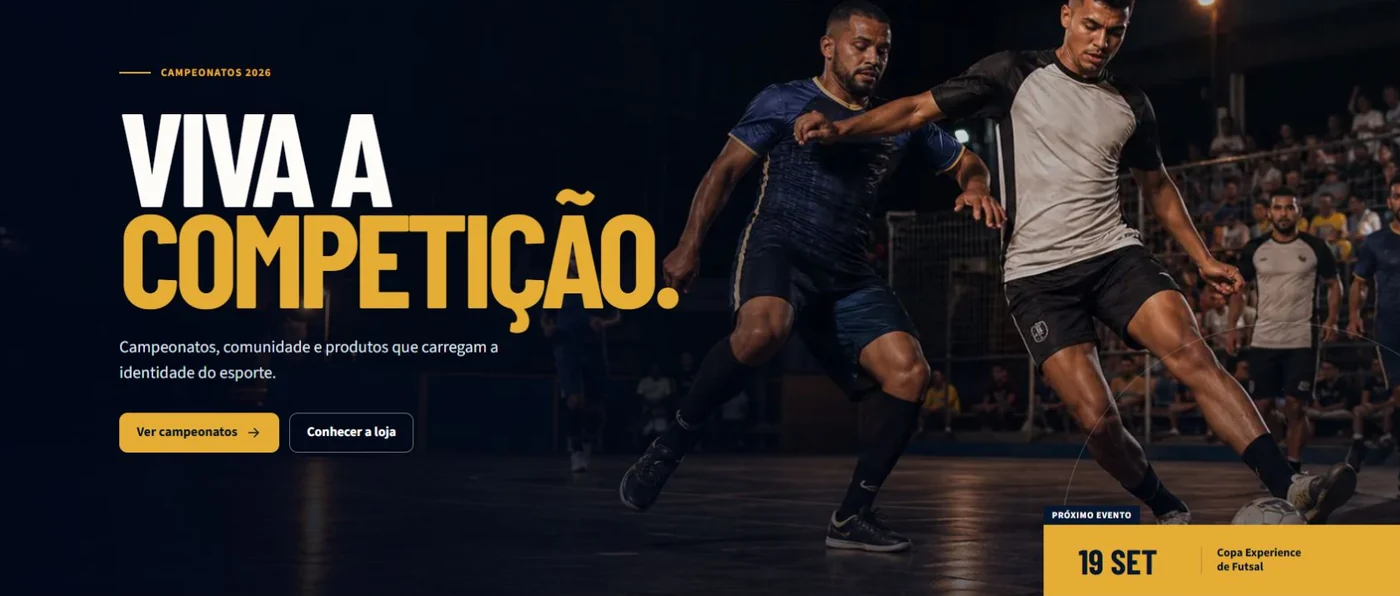 Site do Clube Experience com jogadores de futsal e acesso aos campeonatos