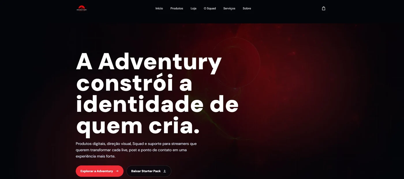 Site da Adventury Gaming, com produtos digitais e direção visual para criadores