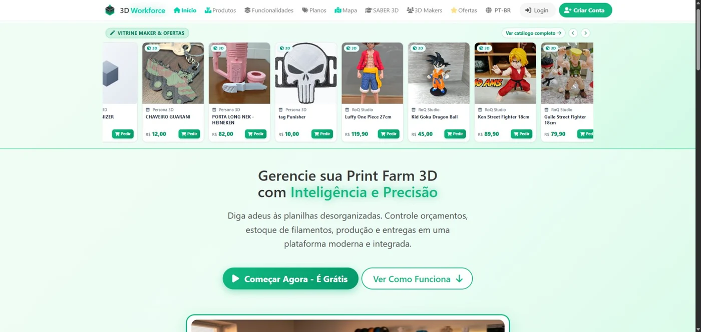 Página pública do 3D Workforce com apresentação da gestão de print farms e acesso ao cadastro